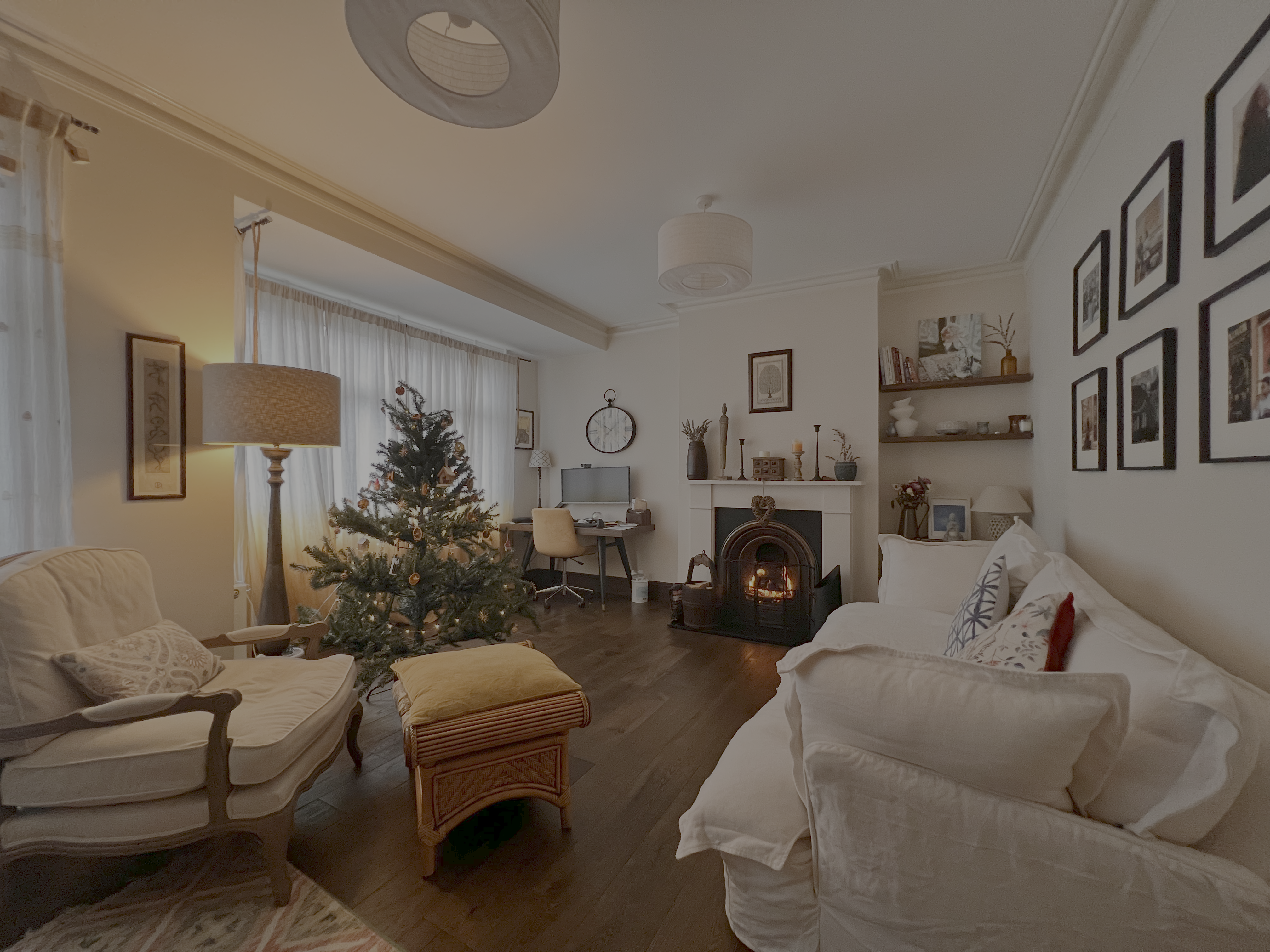 Cosy cottage interior with warm lighting